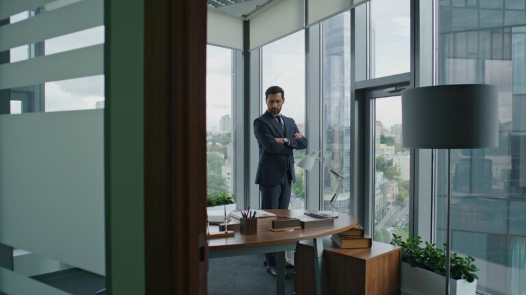 Professional investor standing office thinking investing in business project